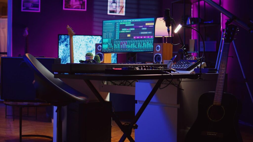 Studio d’enregistrement à domicile avec guitare, clavier MIDI, table de mixage et écran affichant une session musicale