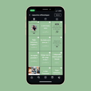 ouvelle identité visuelle de l’Instagram de Capucine Réflexologue, avec un feed harmonisé et des contenus centrés sur le bien-être et la réflexologie.