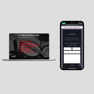 Mockup du portfolio professionnel de Mathias Canrobert, créé sur Wix en 2023-2024, affichant la section compétences et une page de contact avec formulaire.